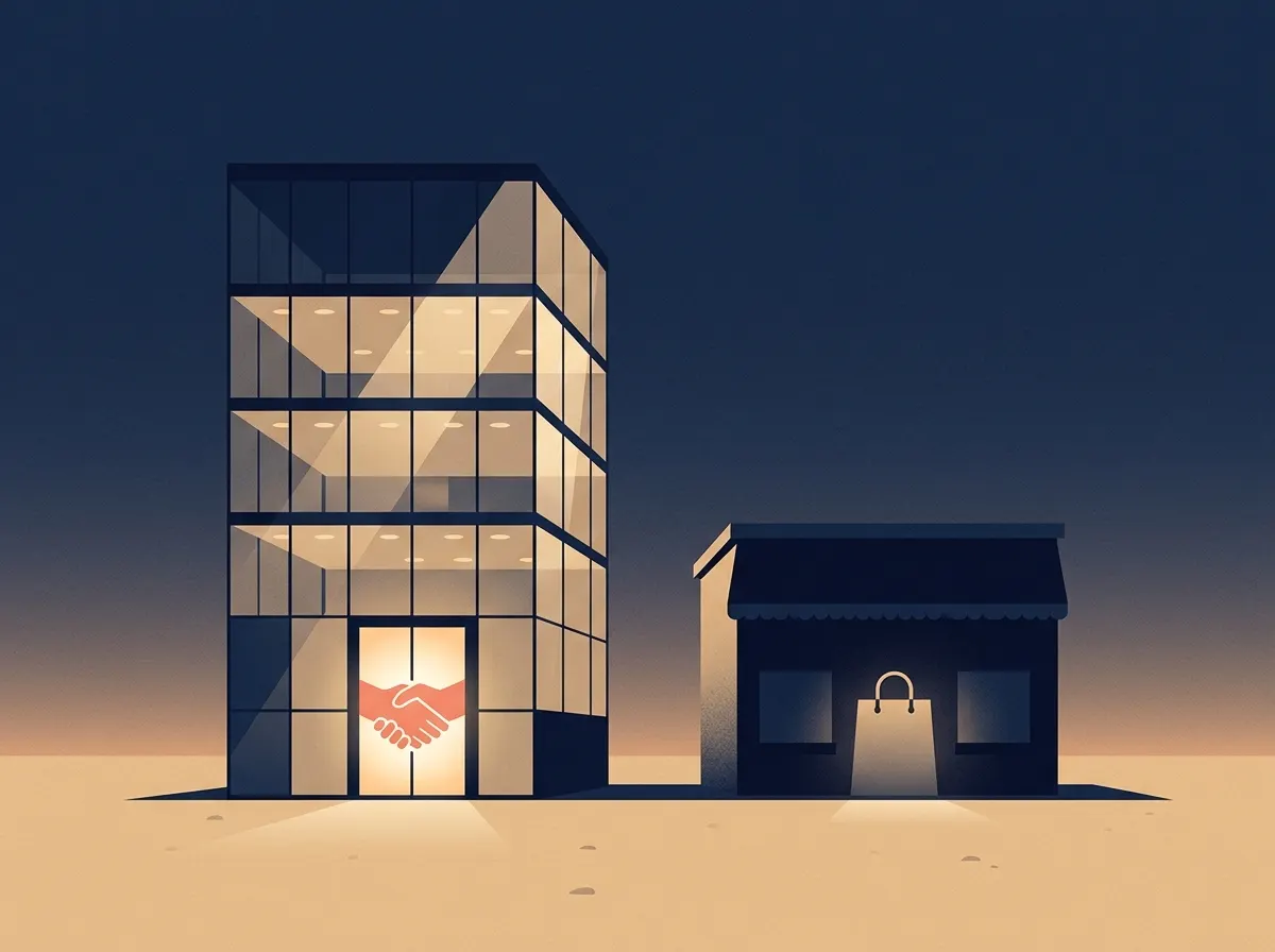 An office building with a handshake in its lit doorway beside a darkened shop with a shopping bag
