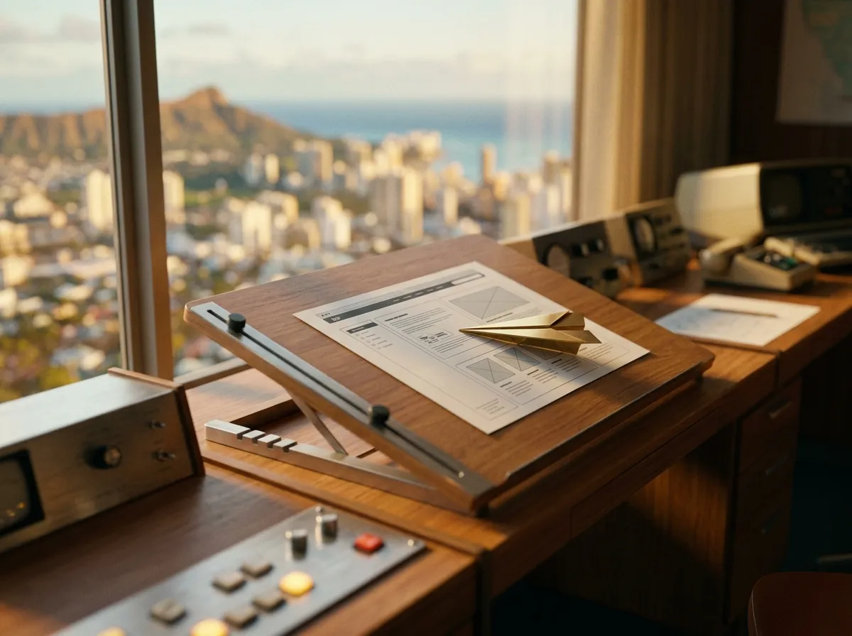 A drafting board by a window overlooking Waikiki and Diamond Head, holding a landing page wireframe and a gold paper plane, beside vintage control panels