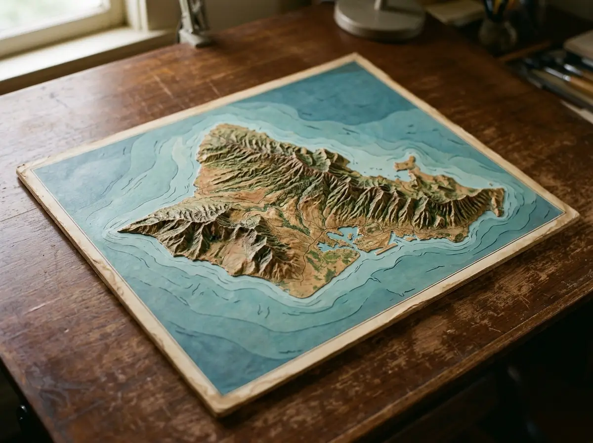 A hand-painted relief map of Oahu on a wooden desk by a window