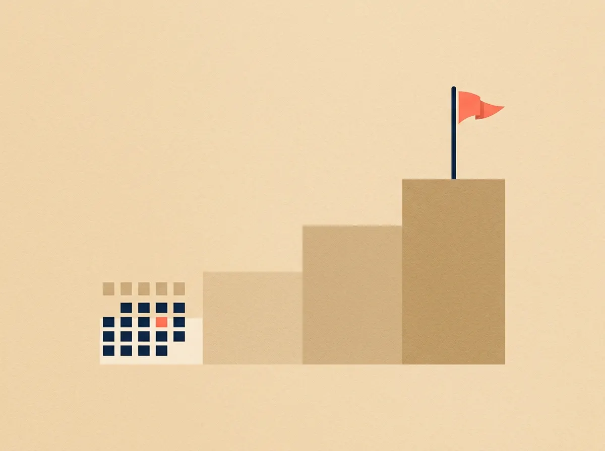 A calendar followed by three rising steps and a flag