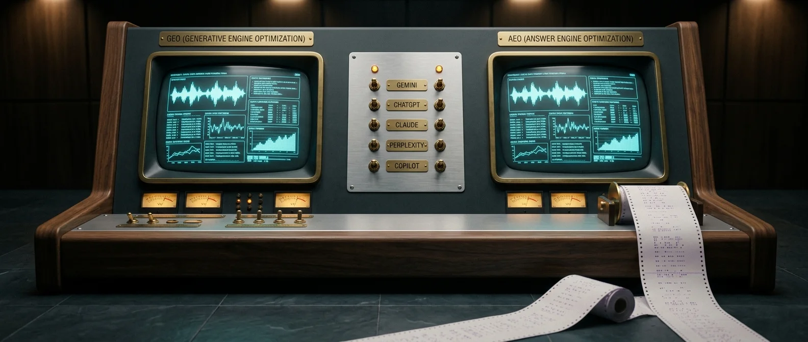Cassette-futurism AI-search strategy console — walnut and brushed-aluminum panel with a central CRT showing cyan citation waveforms, brass-labeled GEO and AEO routing switches, amber dispatch lamps, paper-tape ticker spooling out the latest AI engine queries.