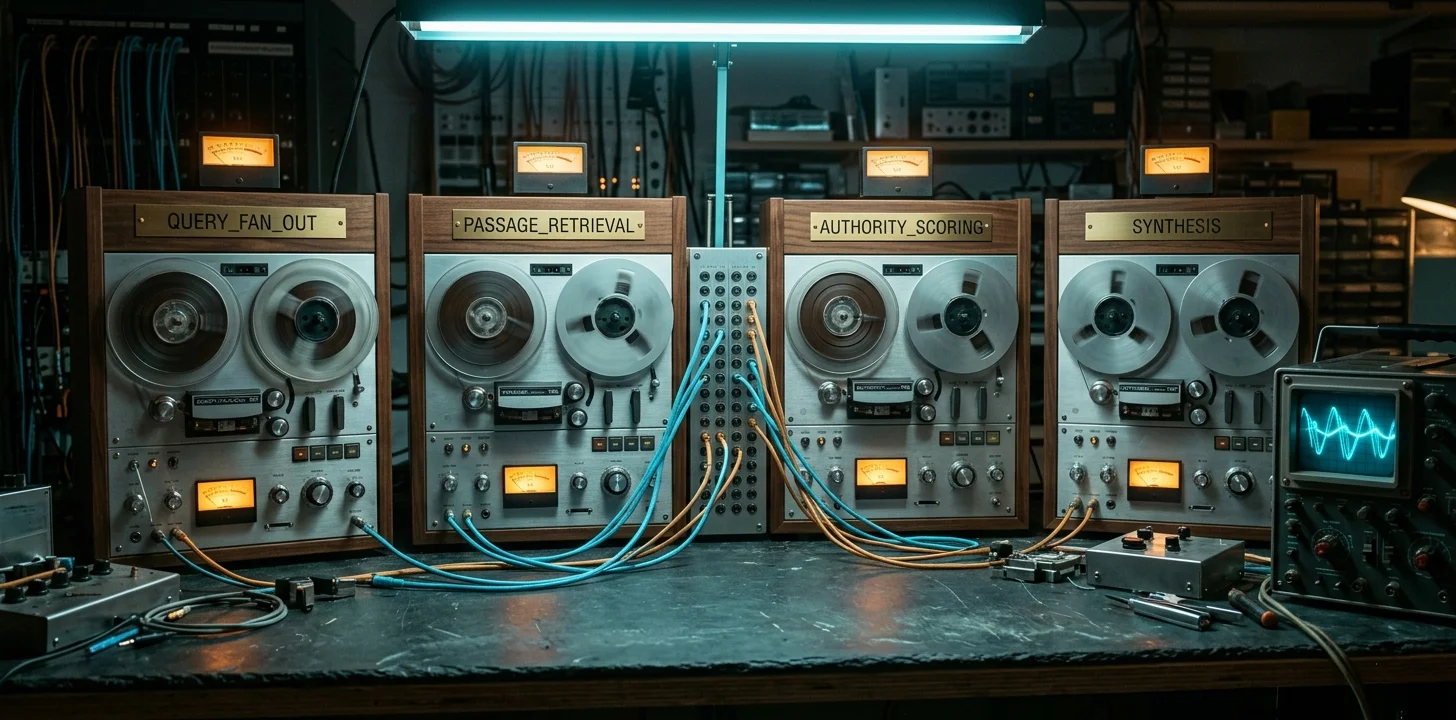 Cassette-futurism retrieval pipeline — open-reel tape spools labeled QUERY_FAN_OUT, PASSAGE_RETRIEVAL, AUTHORITY_SCORING, SYNTHESIS, threaded through patch cords between brushed-aluminum bays under cyan task lighting, with an oscilloscope on the right tracing a citation waveform.