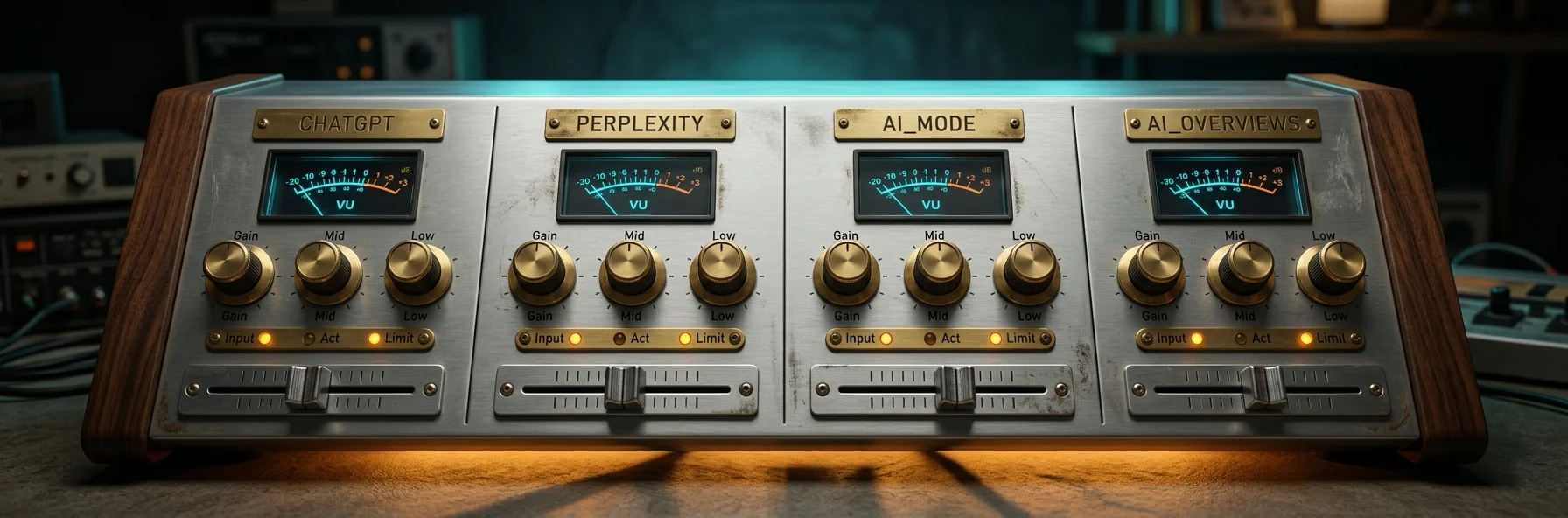 Cassette-futurism four-channel mixer panel — four labeled brass channel strips for CHATGPT, PERPLEXITY, AI_MODE, AI_OVERVIEWS, each with vertical VU meters, cyan-glowing rotary trims and amber level lamps on a brushed-aluminum panel under walnut side rails.