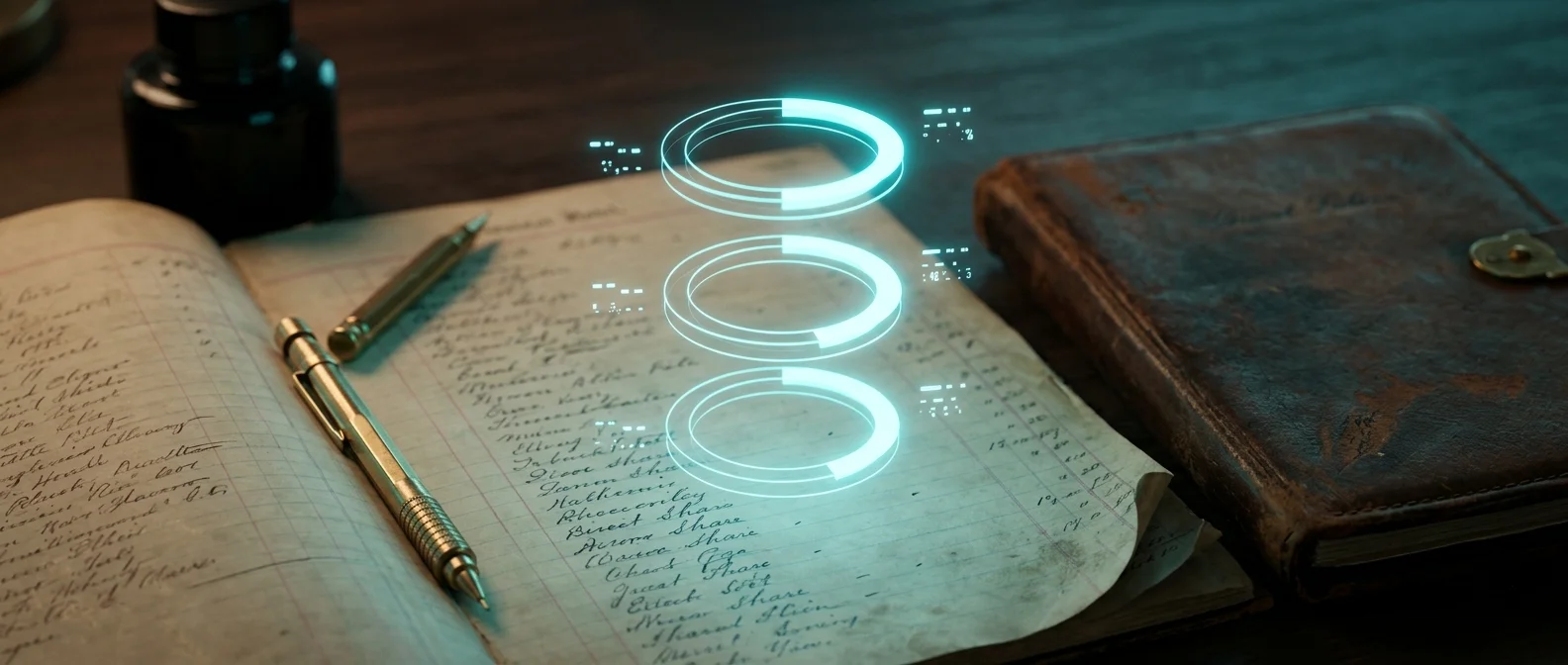Augmented-reality channel-shift diagram floating above a vintage hotel ledger — three glowing booking-channel rings visualizing OTA share, direct share, and metasearch share