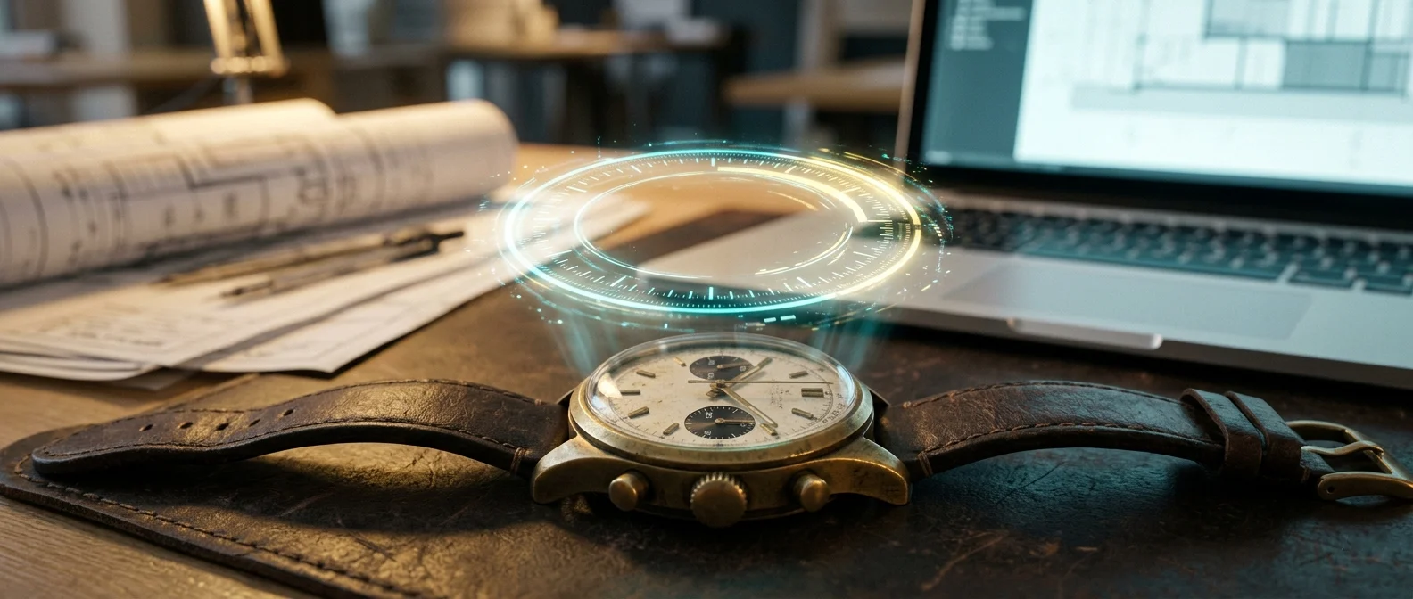 Augmented-reality countdown ring projected above a vintage brass chronograph — visualizing the lead-response-time gap that determines which agent wins the buyer
