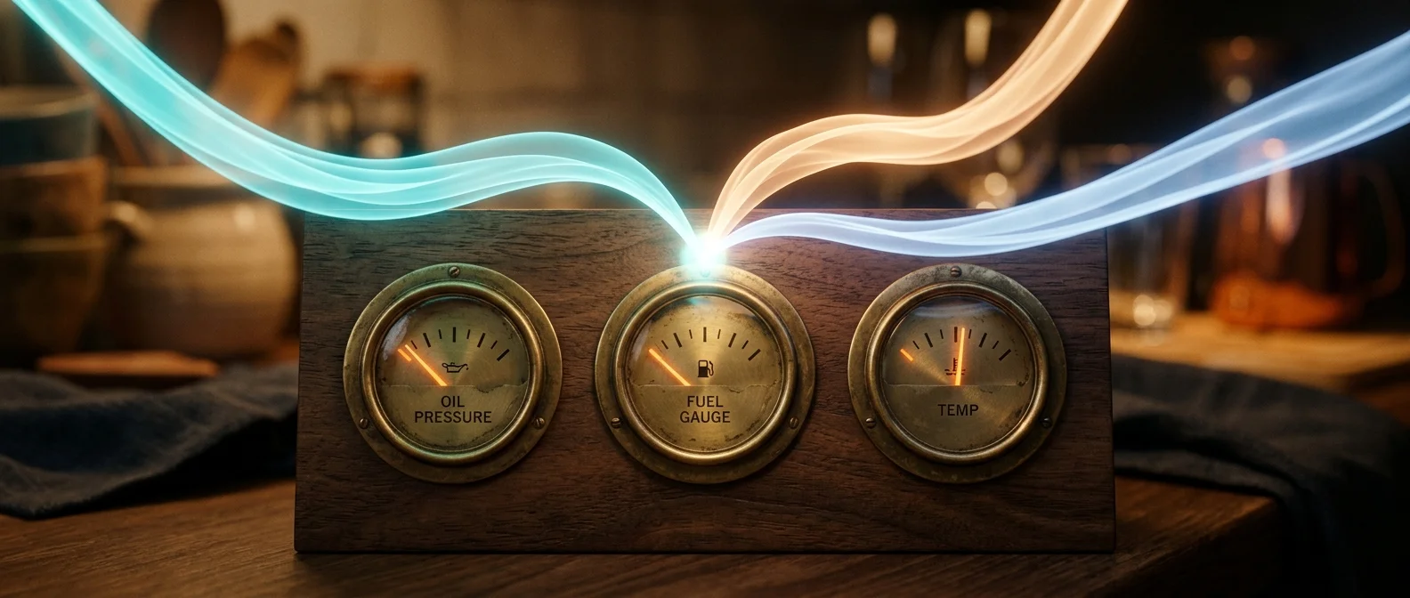 Augmented-reality dashboard above a vintage analog panel — three coloured ribbons representing English, Japanese, and Filipino review streams converging into a single aggregate node