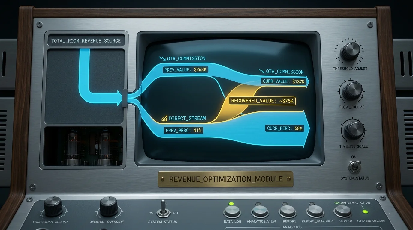 Conceptual diagram: a 37-room hotel's room revenue splitting between OTA-commission outflow and retained direct-booking revenue, illustrating the modeled 41% to 58% direct-share shift and ~$75K/yr recovery