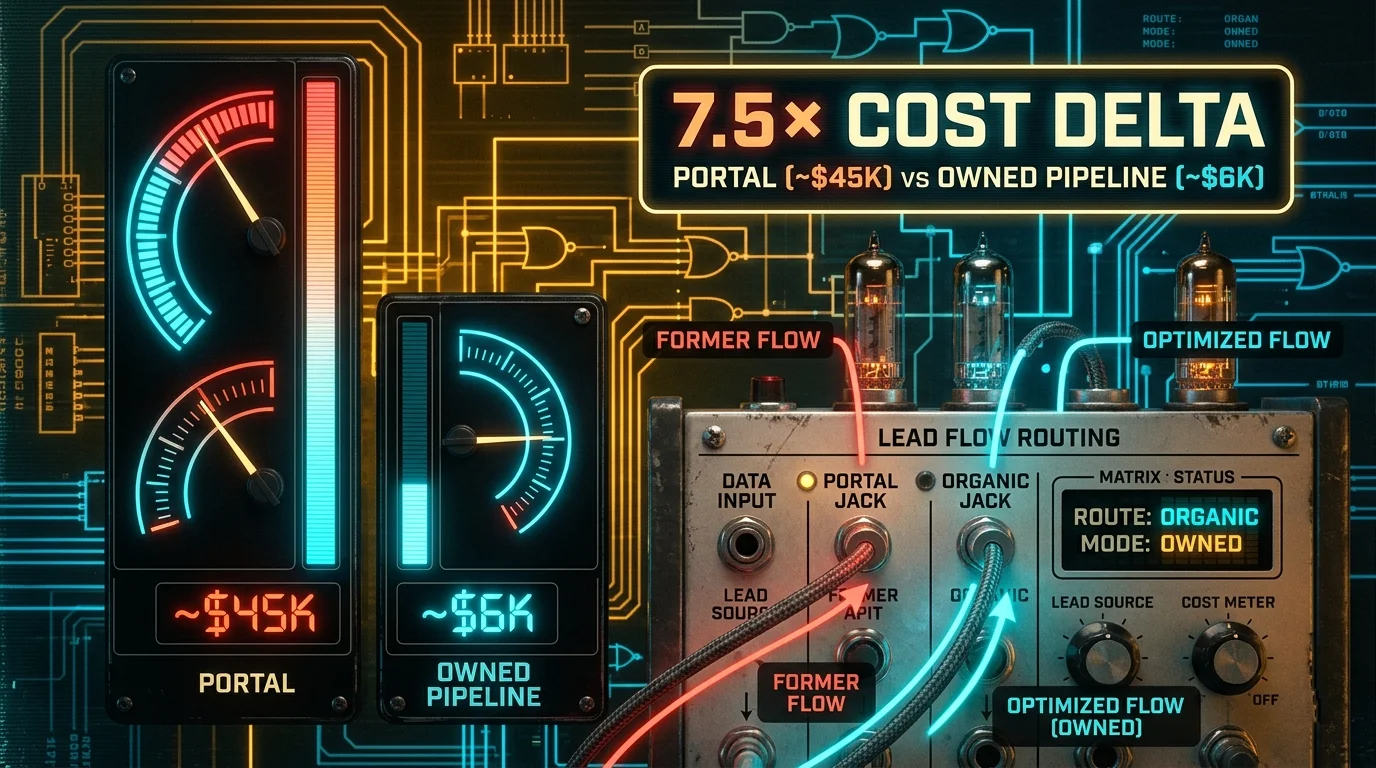 Conceptual diagram comparing the portal-lead cost-per-close of roughly $45K against an owned organic pipeline's modeled ~$6K cost-per-close for a Hawaii real-estate team