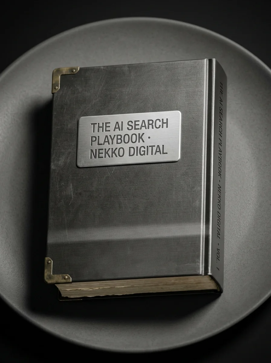 The AI Search Playbook by Nekko Digital — cassette-era brushed-steel field manual on a dark ceramic plate.
