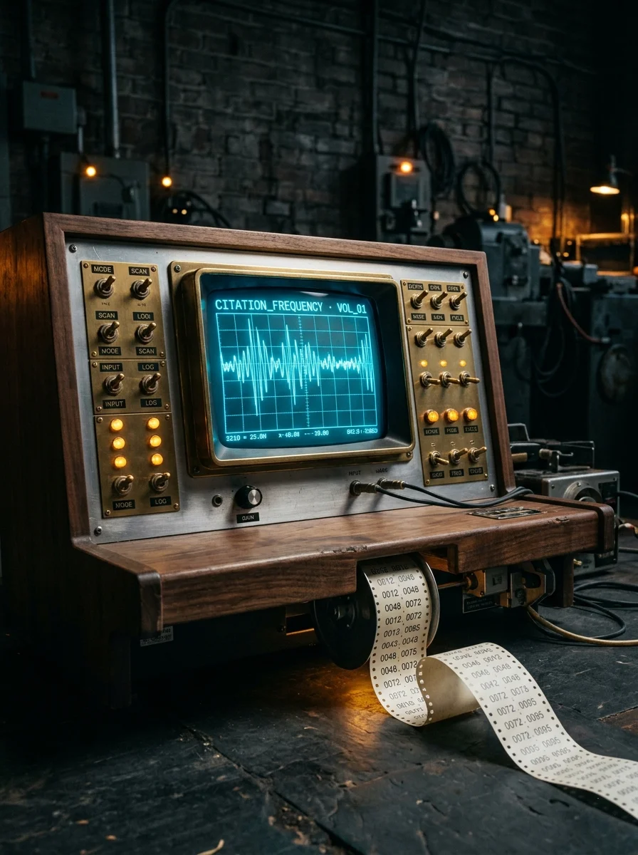 Reef Citation Index by Nekko Digital — cassette-era research console with brass-trimmed controls displaying a citation-frequency CRT waveform and a paper-tape data printout.