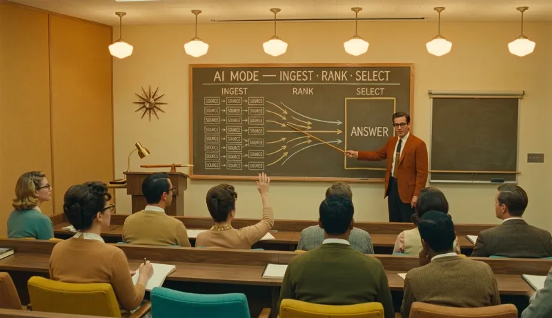 A 1960s retro-future lecture hall seen from behind a diverse seated audience taking notes, where a tweed-jacketed instructor with a wooden pointer teaches at a large hand-painted board whose flowchart labeled AI Mode shows many source boxes funneling through ranking arrows into one answer panel.