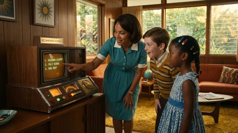 A mid-century home living room at golden hour where a period-dressed mother and two children gather around a wood-encased home advisor console whose amber screen lists a ranked shortlist of recommended school names.