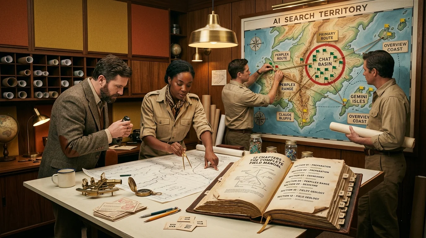 A mid-century atomic-age cartography room where four period-dressed explorers plan routes around a thick open field manual whose contents page lists twelve numbered chapters, plotting with brass dividers and a sextant against a large hand-painted AI Search Territory wall map whose five regions (Chat Basin, Perplex Range, Claude Bluffs, Gemini Isles, Overview Coast) carry survey flags, with Chat Basin ringed as the dominant prize.