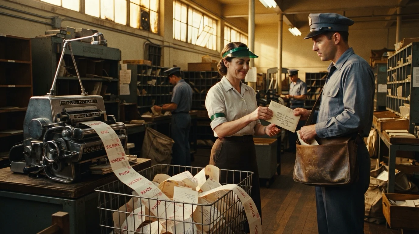A 1958 postal sorting hall in golden clerestory light, where an addressing machine prints Hawaii town names such as Kihei, Haleiwa, Kaneohe and Pahoa in red onto a ribbon of thin, near-blank postcards that spills into an overflowing wire basket, while a sorter in a green visor and arm garters hands one thick handwritten letter to a mail carrier in a peaked cap, who holds open a worn, unmarked leather satchel, with two colleagues sorting mail behind them.