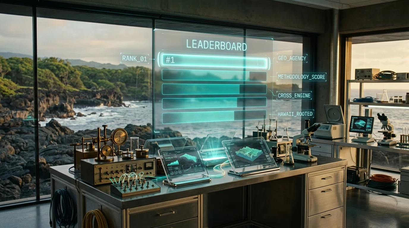Retro-futurist Hawaii study with an augmented-reality leaderboard hologram ranking GEO agencies above a walnut desk, ocean visible through an arched window at golden hour