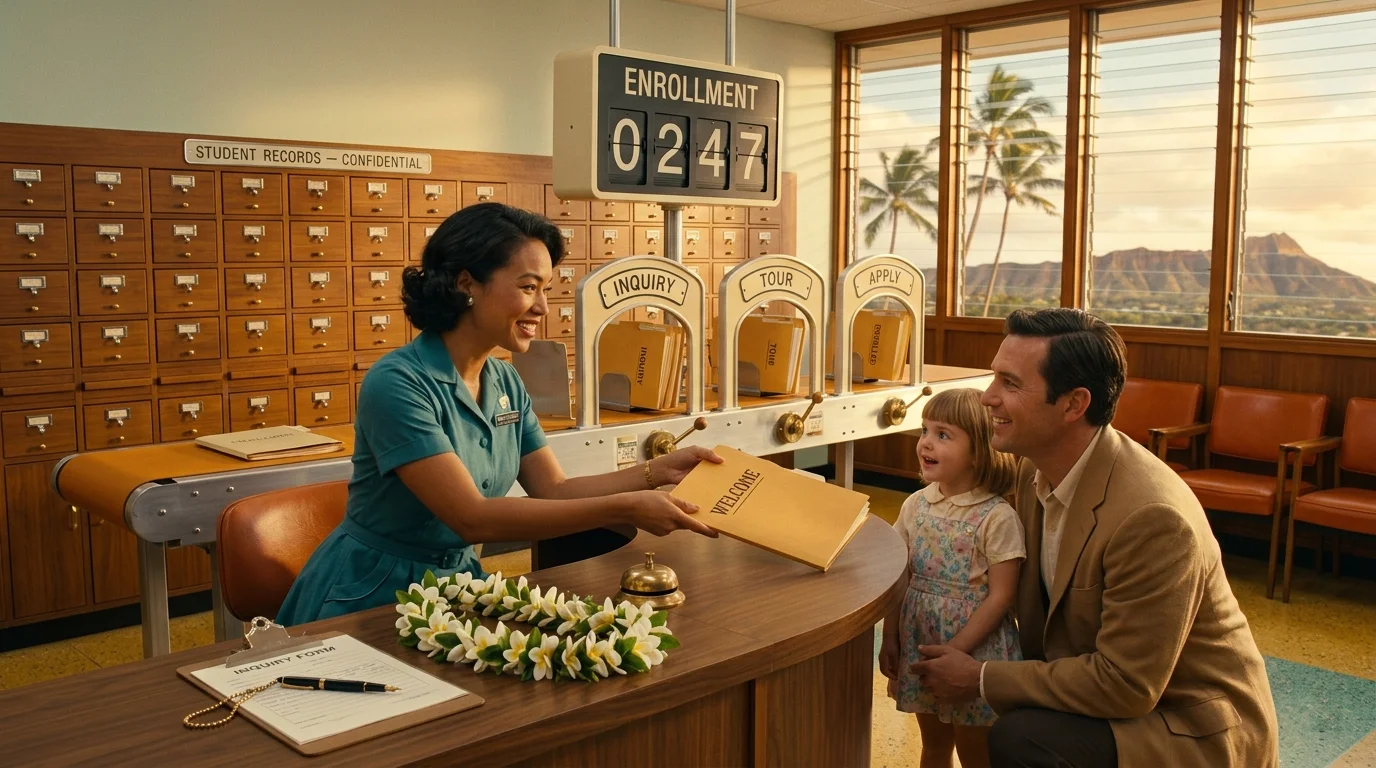 A warm 1960s retro-future Hawaiian school admissions office: a smiling officer hands a WELCOME enrollment folder to a parent crouched beside a child while a mechanical conveyor carries student folders through gates labeled Inquiry, Tour, Apply, and Enrolled; a split-flap board reads Enrollment 0247 and a wall of confidential card-catalog student-record drawers stands behind, a lei on the counter and palms through a golden-hour window.
