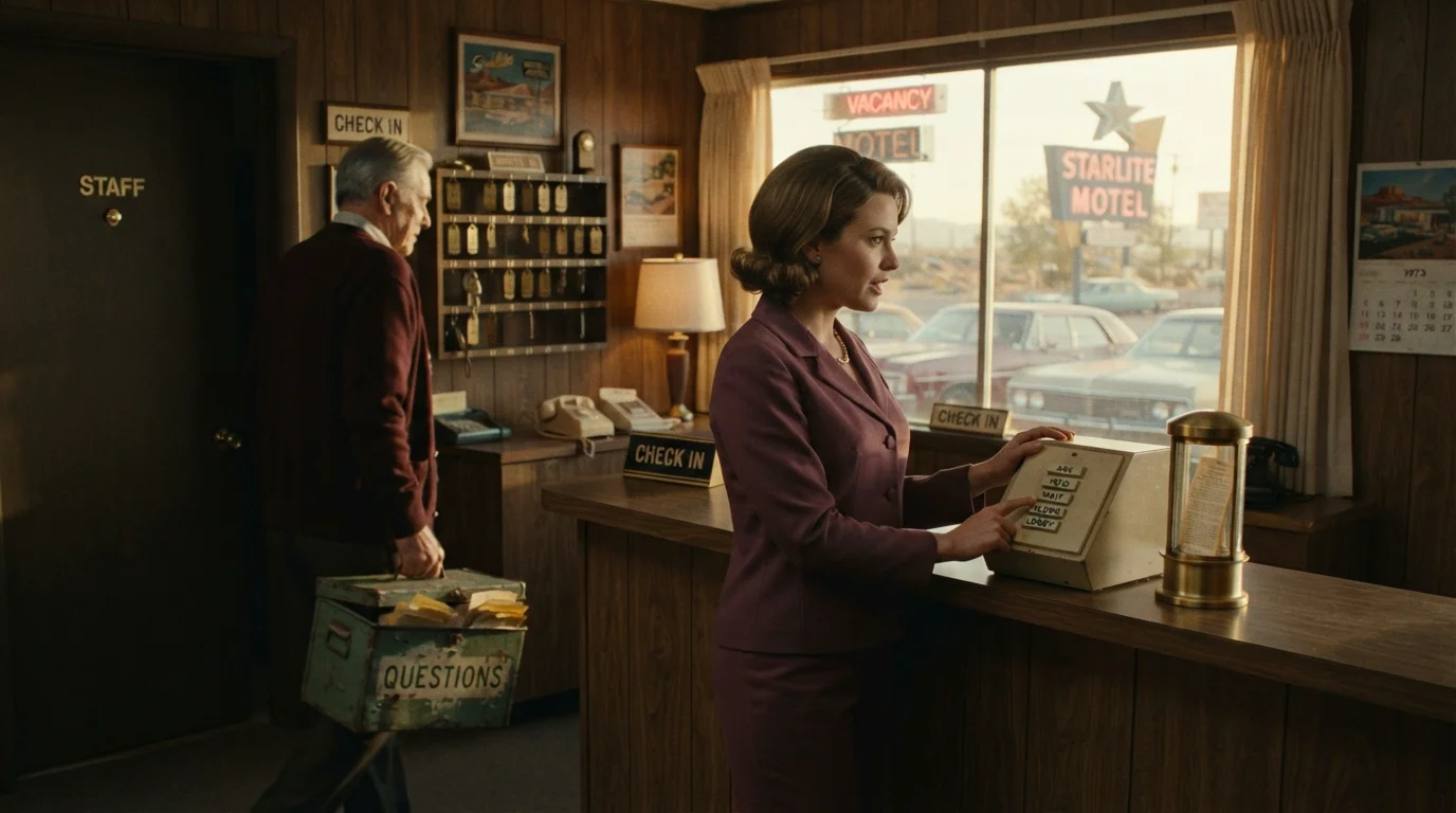 The wood-panelled front office of a retro-future roadside motel in golden afternoon light, where the manager in a burgundy cardigan carries a dented green tin box stencilled Questions, stuffed with paper slips, toward a door marked Staff, while a guest in a plum suit presses a key on a cream console whose top key reads Ask, beside a brass tube standing on the counter with a printed answer inside and a Starlite Motel vacancy sign glowing through the window.