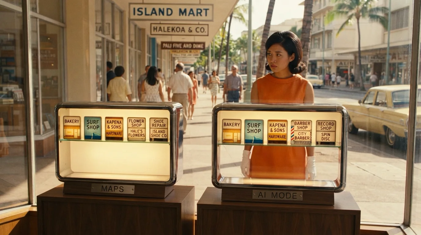 A 1966 department-store display window in golden light, where two chrome-framed cases on walnut plinths carry engraved plates reading Maps and AI Mode and each holds five lit storefront cards. Three shops appear in both cases: a bakery, a surf shop and Kapena & Sons Hardware. The Maps case adds Hale's Flowers and Island Shoe Co; the AI Mode case adds City Barber and the Spin Disc record shop. A woman in an orange dress and white gloves stands behind the AI Mode case, looking toward the Maps case.