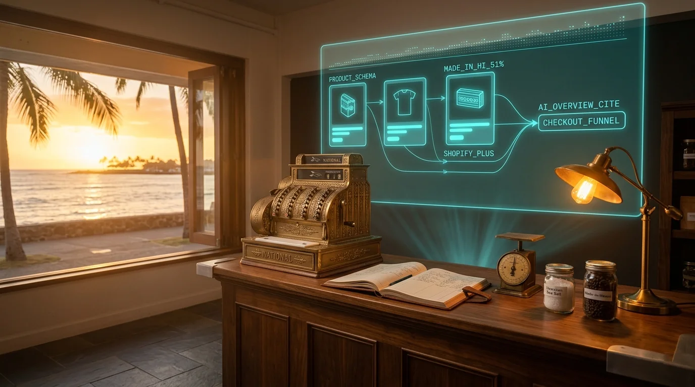 Retro-futurist commerce-architecture lab: vintage brass cash register and ledger book on walnut counter, augmented-reality product-catalog hologram floating above showing Made-in-Hawaii product flow and Shopify checkout funnel, Pacific shoreline visible through large window at golden hour