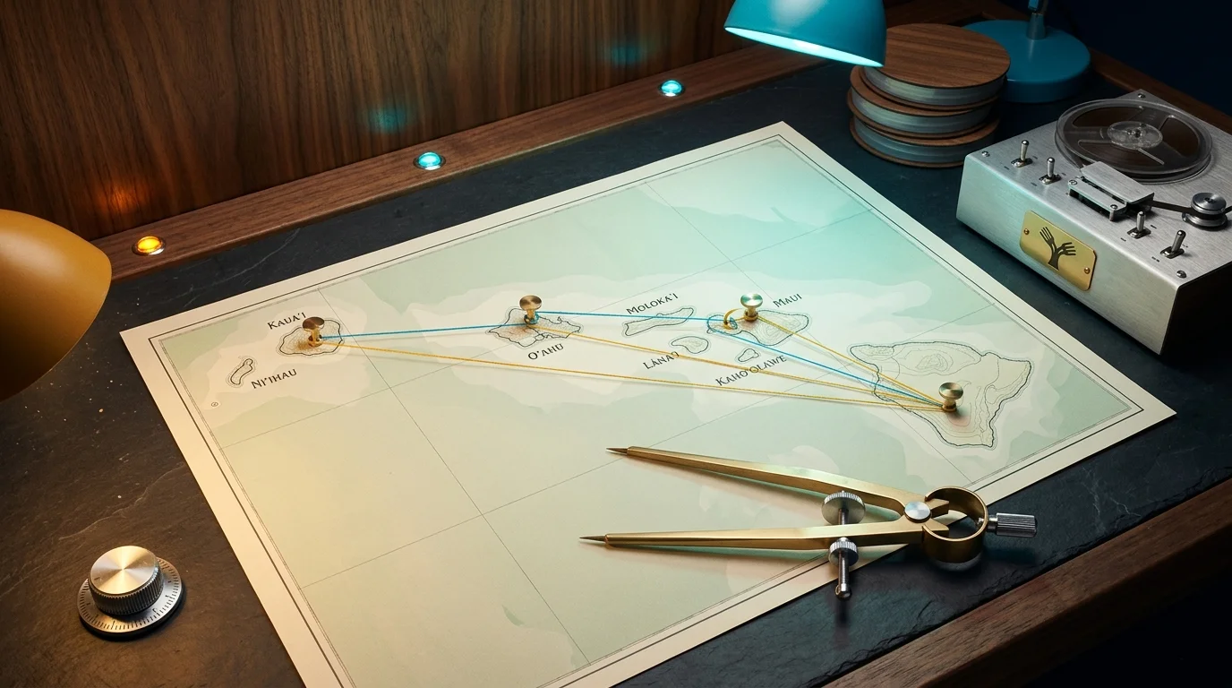 Family law marketing in Hawaii — nautical chart of the Hawaiian archipelago with brass pushpins on Oahu, Maui, Kauai, and Big Island connected by cyan and amber thread, with a brass navigation divider measuring inter-island distance