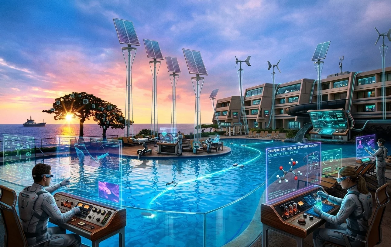 Retro-futurist hospitality research lab: vintage hotel concierge desk with augmented-reality booking-flow hologram showing channel shift from OTAs toward direct bookings, Pacific shoreline at golden hour beyond