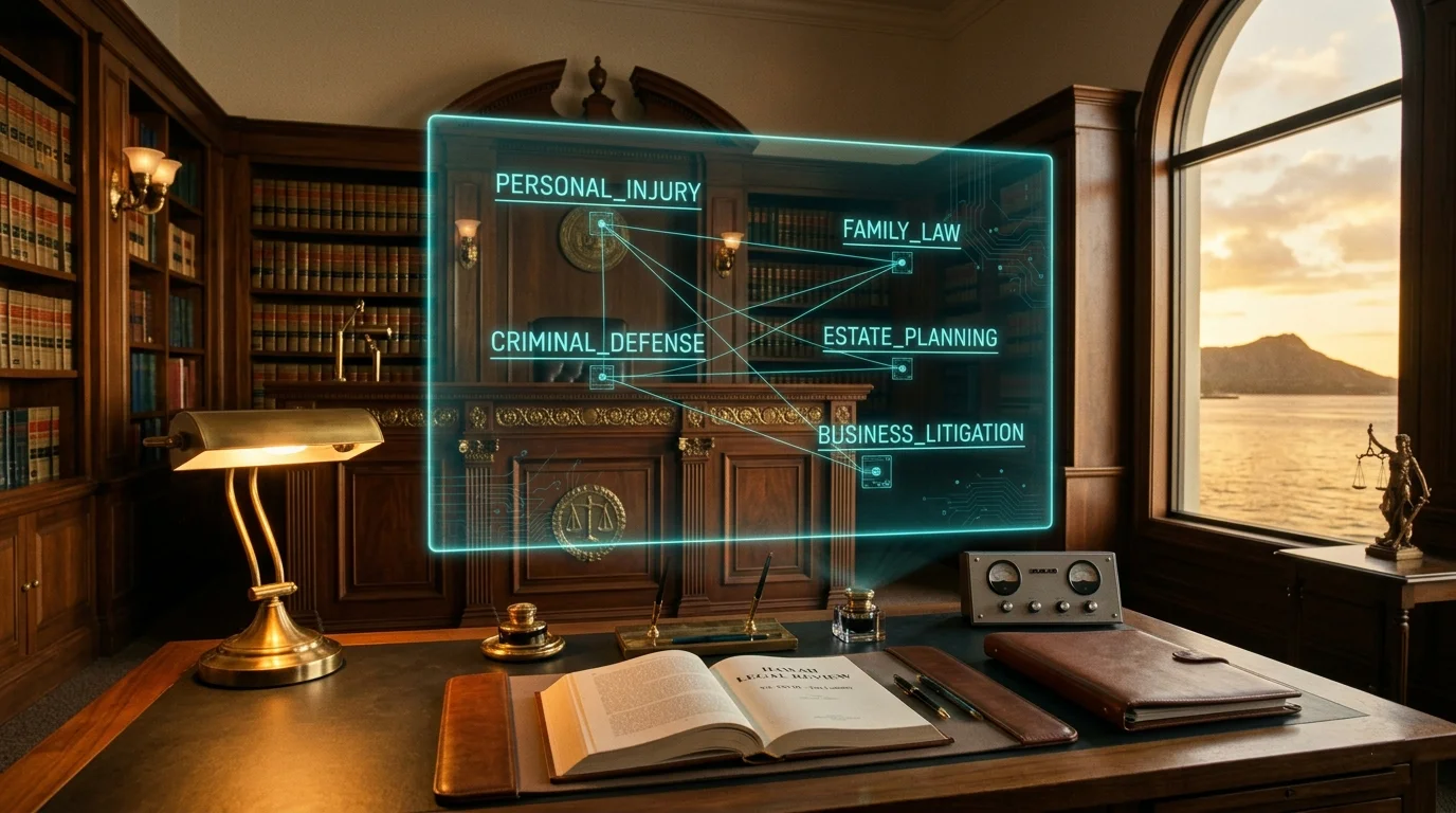 Retro-futurist legal research chamber: vintage wood-paneled law library with brass scales of justice and antique judicial bench, augmented-reality docket hologram floating above showing practice-area routing (personal injury, family, criminal, estate), Hawaii harbor visible through arched window at golden hour