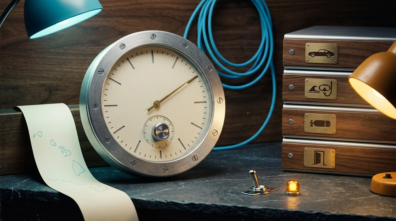 Personal injury law firm SEO in Hawaii — analog chronograph showing two-year statute clock, case-type binders for auto, snorkel, scuba, and premises matters, with Hawaii coastal chart paper-tape