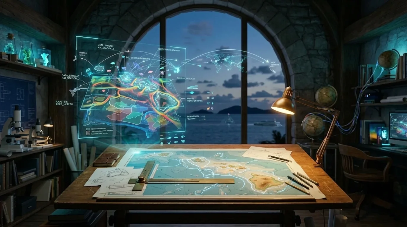 Retro-futurist architectural research lab: vintage drafting table with Hawaii archipelago map and augmented-reality data layers showing submarket boundaries, leasehold parcels, and Asia-Pacific buyer flow lines