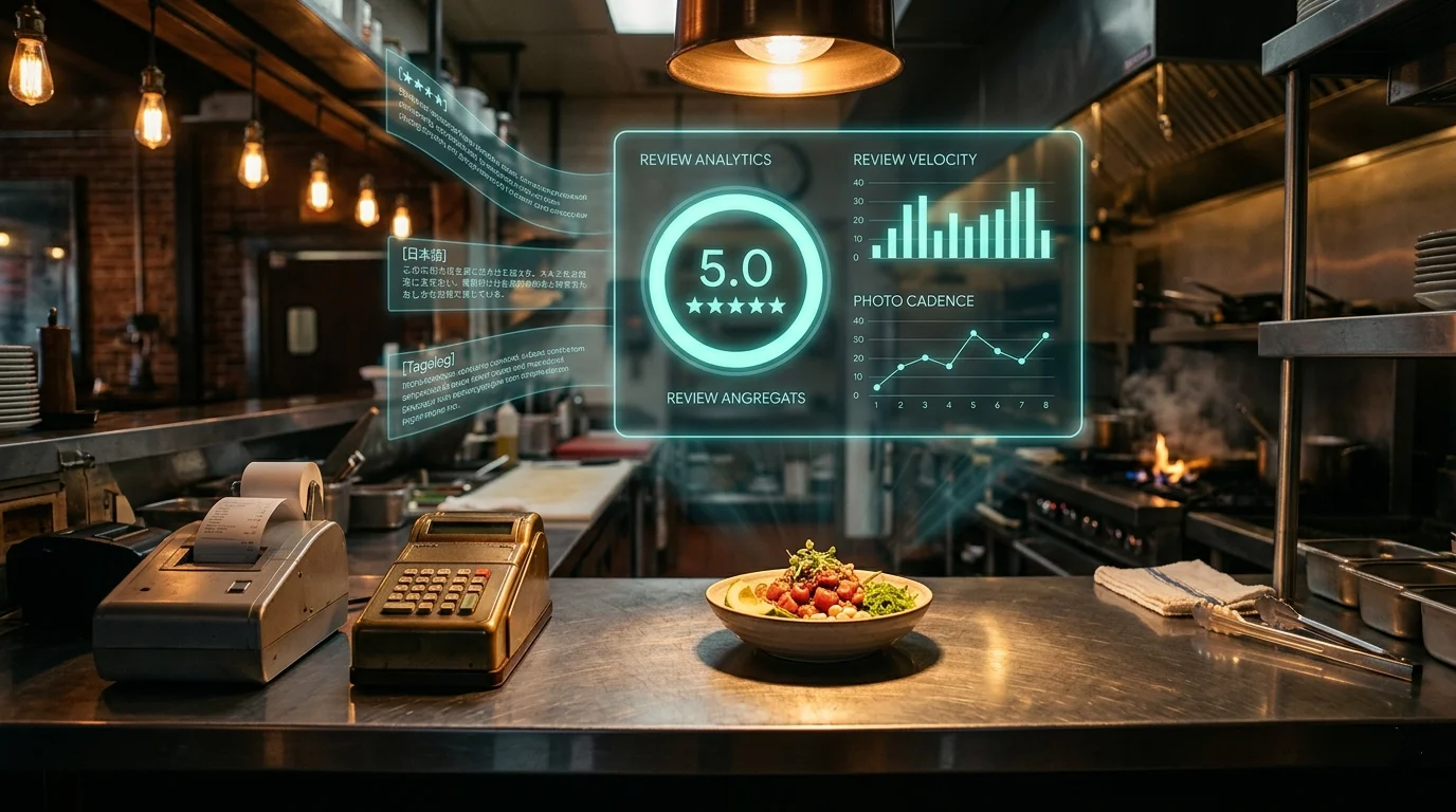 Retro-futurist culinary research lab: stainless restaurant pass-through counter with augmented-reality Google Business Profile data panel showing review velocity, photo cadence, and multilingual review streams in English, Japanese, and Filipino