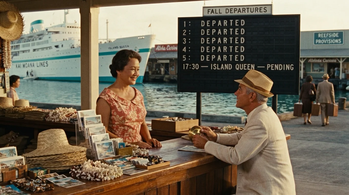 A mid-century Hawaii harbour-side stall in golden late-afternoon light, where a shop owner in a coral floral dress smiles across a counter of woven hats, shell leis and postcards at a silver-haired visitor in a pale linen suit and straw hat who turns a small brass bowl in his hands, while behind them a split-flap board headed Fall Departures lists five sailings as Departed and one more, the Island Queen at 17:30, as Pending, and that liner lies at the pier under the name Kai Moana Lines.