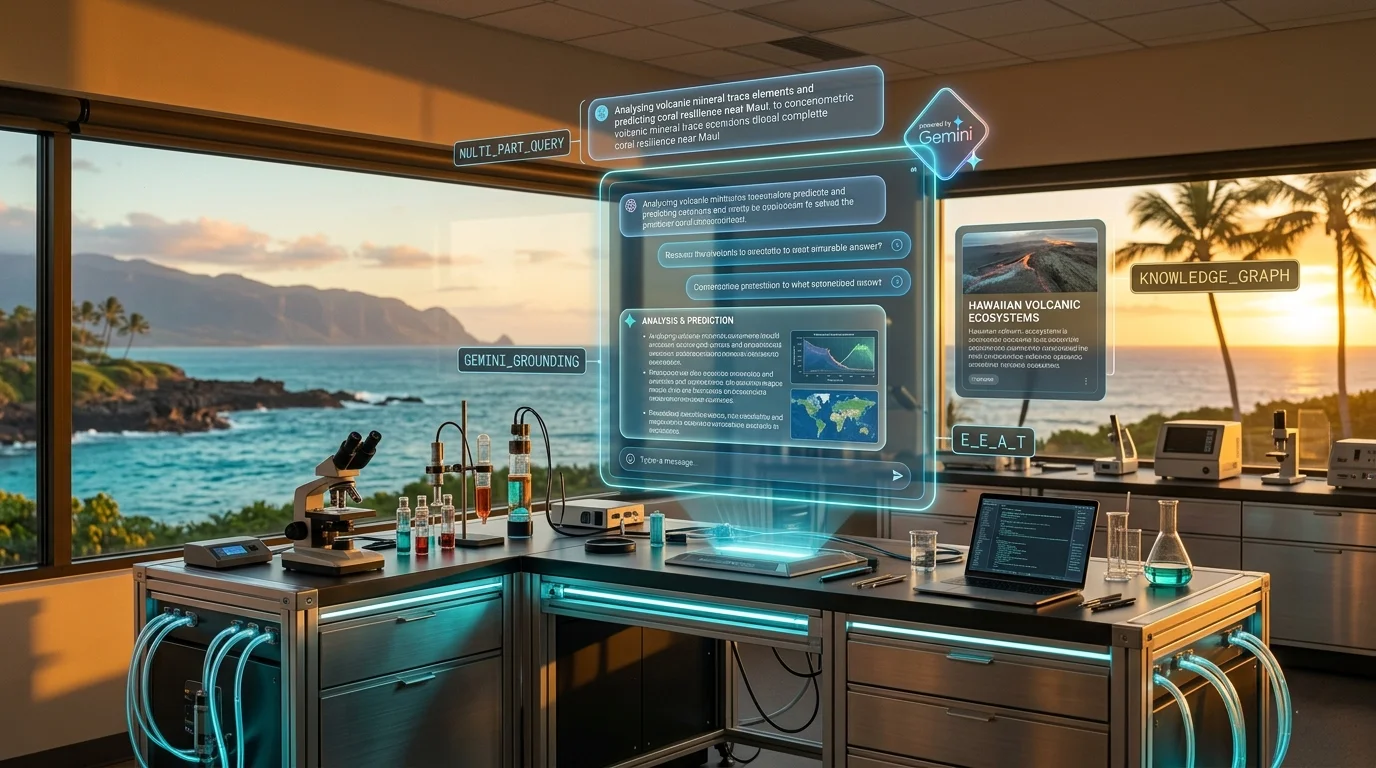 Cinematic Hawaii observation lab with a translucent cyan AR overlay showing a Google AI Mode conversational interface with a Gemini logo and source attribution panel, against a panoramic ocean window at golden hour