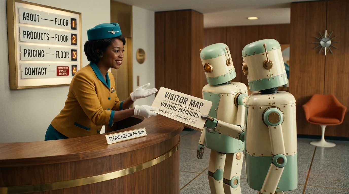 A retro-future lobby that welcomes machines: a smiling concierge hands a printed visitor-map guide to two friendly mint-and-brass robots, one reading a wall directory of building rooms with a do-not-enter private-archive tab.