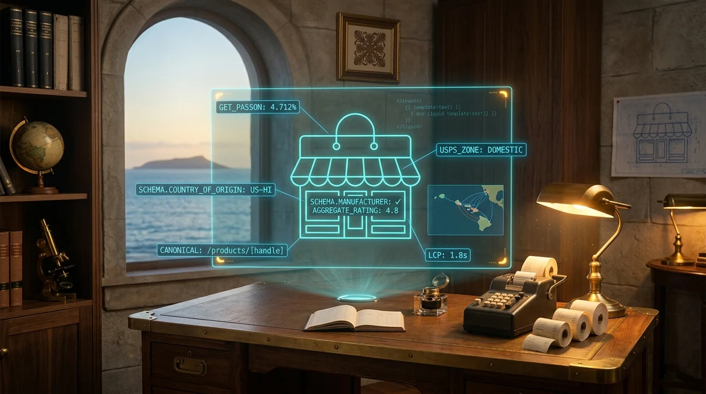 Shopify SEO for Hawaii businesses — analog Liquid theme console with brass canisters labeled product schema, GET pass-on, and USPS routing