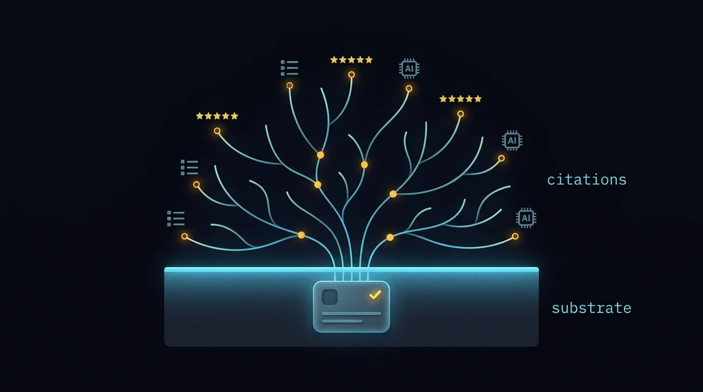 Reef cross-section diagram placing the Google Business Profile in the Substrate layer with citations branching upward from it.