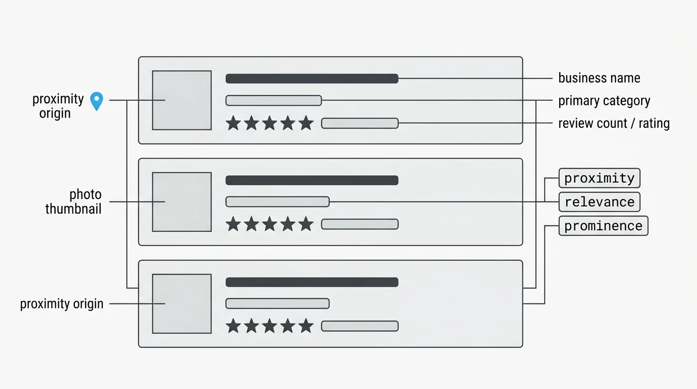 Annotated wireframe of a local three-pack listing labeling the proximity, relevance, and prominence elements.