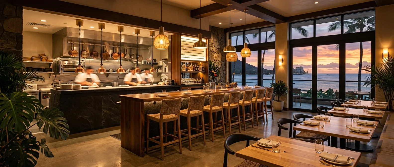 Modern Hawaii restaurant interior at evening service