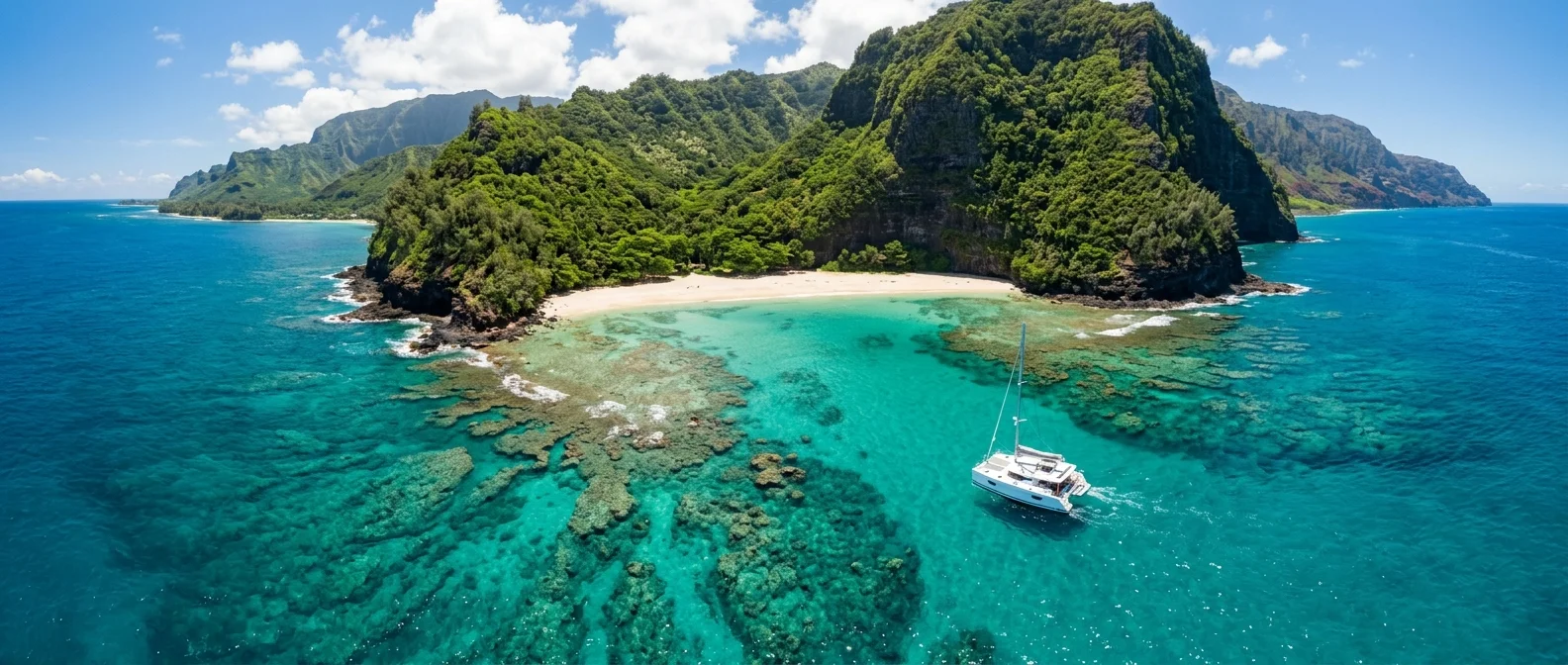 Aerial view of a Hawaii catamaran approaching a remote snorkel cove