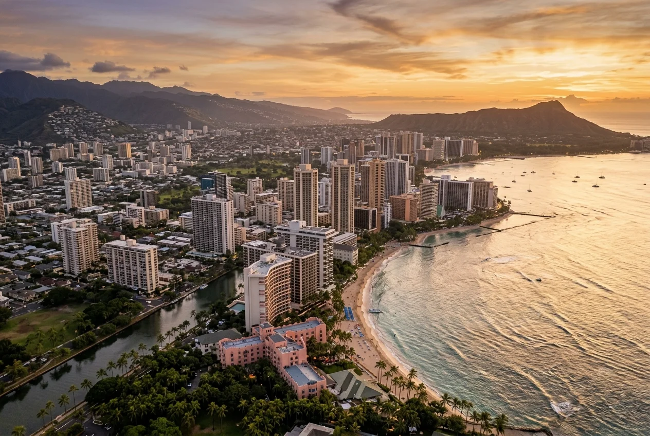 Aerial view of Hawaii's diverse business landscape — Honolulu, Waikiki, and the Pacific