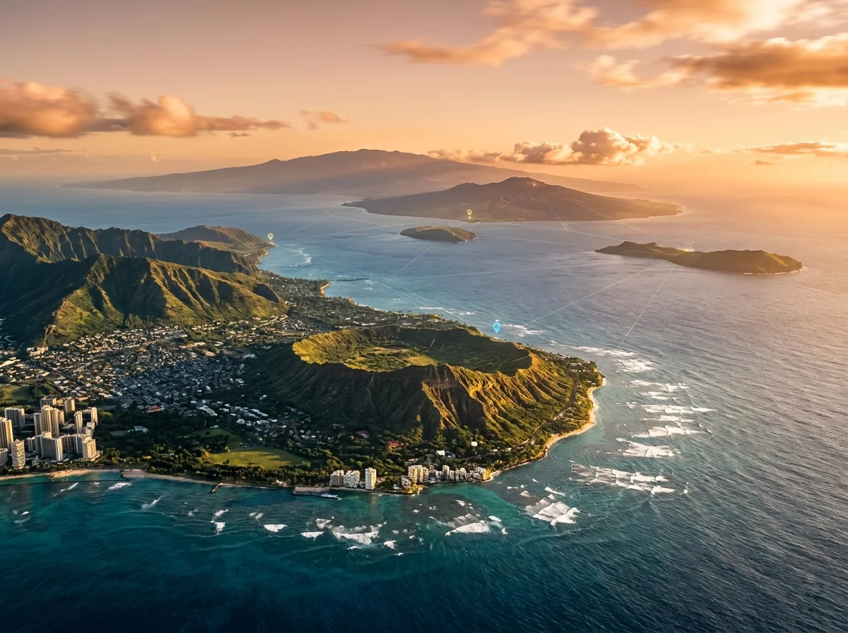 Aerial view of the Hawaiian Islands chain — Oahu, Maui, Big Island, Kauai