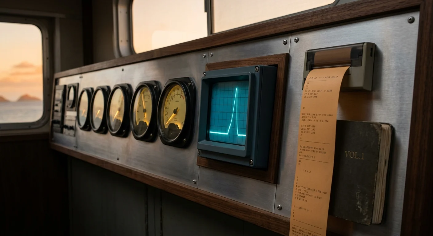 Analog instrument panel reading a rising ranking signal beside a published research ledger — Nekko Digital's measurement-driven approach.