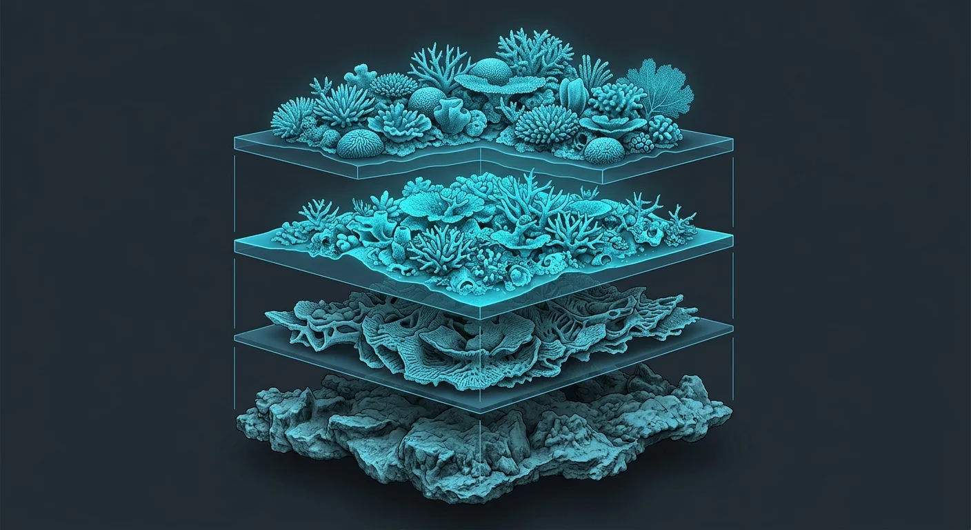 The Reef Method's four layers — Substrate, Coral, Citations, Ecosystem — shown as stacked strata.