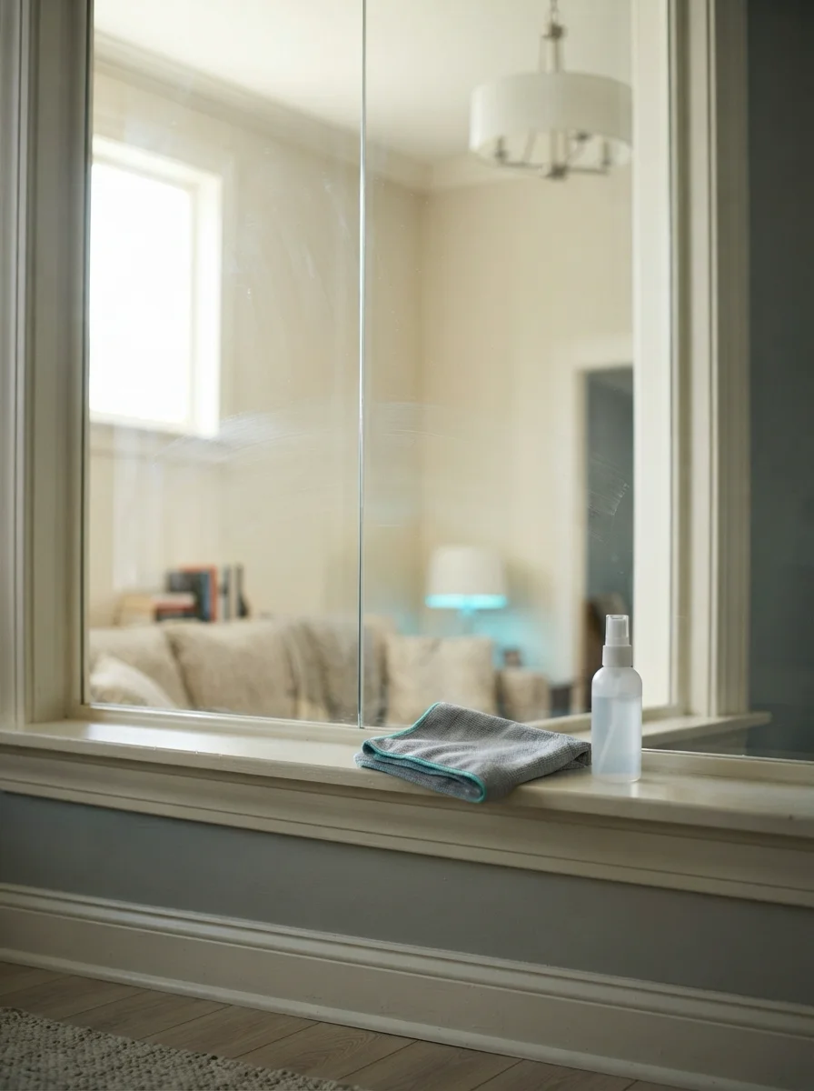 Freshly cleaned interior window with a microfiber cloth and spray bottle on the sill, in a Gainesville, Georgia home