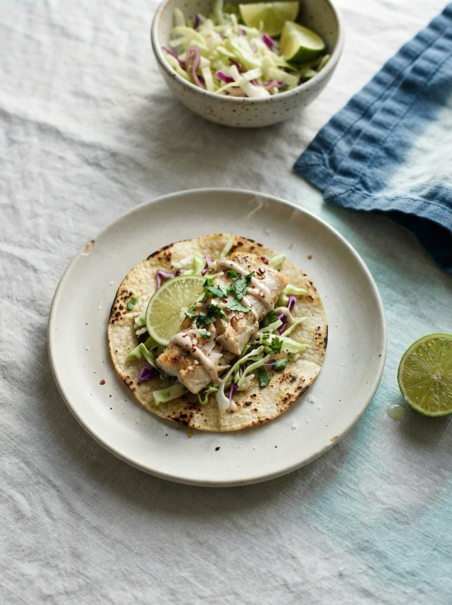 A grilled fish taco with cabbage slaw and lime on a ceramic plate, from North Shore Tacos on Oahu