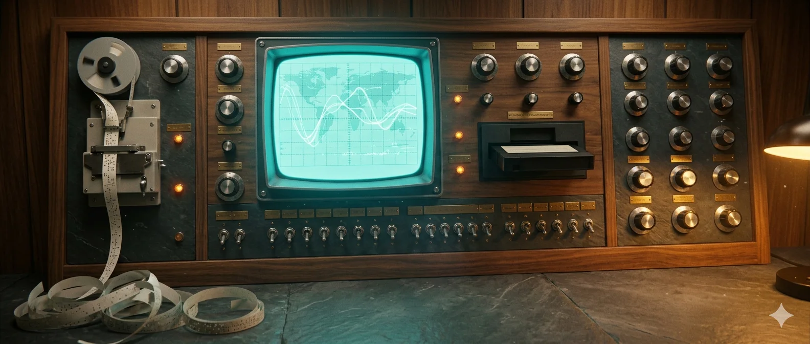 Cassette-futurism citation analyzer console — CRT monitor showing cyan phosphor waveform of Hawaii AI citations, brass-plated toggle switches and rotary dials, amber indicator lamps, brushed aluminum bezel on walnut paneling, paper tape printout spooling onto a slate floor.