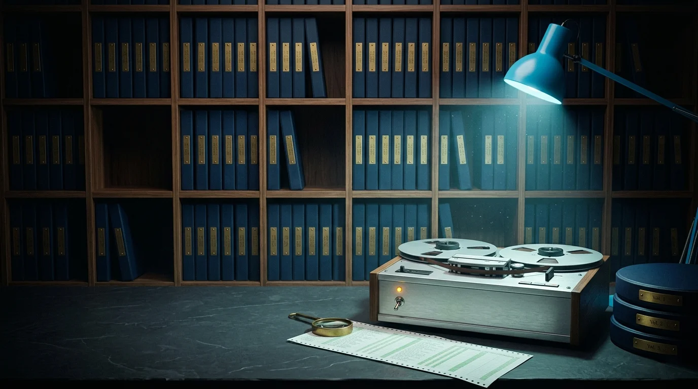 Cassette-futurism tape archive — open-reel magnetic tape canisters shelved in a walnut library rack, each canister brass-labeled as a quarterly Volume, one reel pulled and resting on a reel-to-reel deck under amber and cyan task lighting.