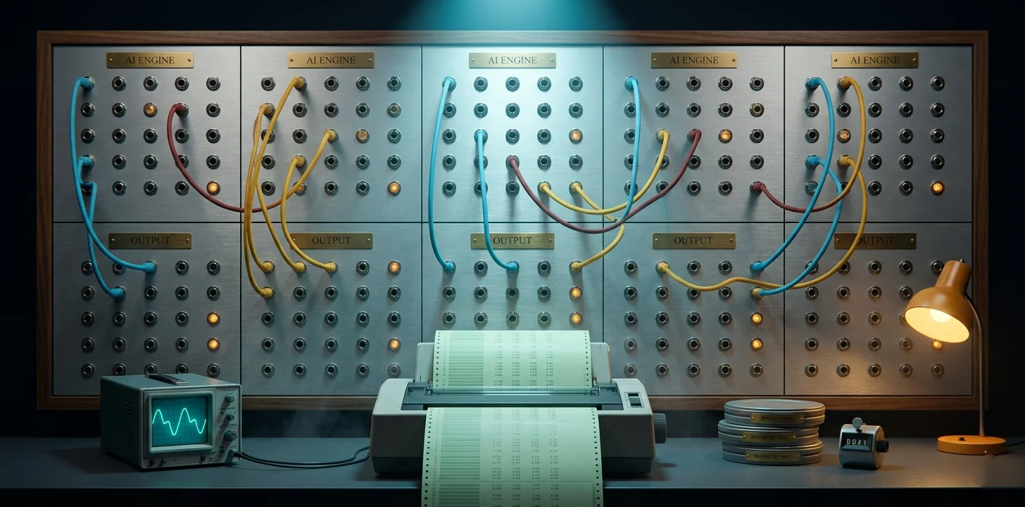 Cassette-futurism patch-bay wall — brass-labeled input and output jack panels routed with cyan and amber patch cords linking AI engines to Hawaii business registries, fanfold line-printer paper spooling onto a slate floor, oscilloscope showing a citation waveform.