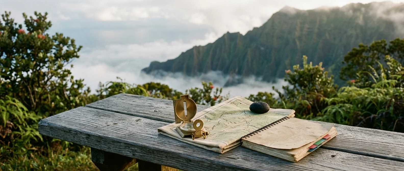 An open exterior wood-plank bench at a misty Kauaʻi Nā Pali ridge trailhead at early morning, holding a polished brass lensatic compass and a folded canvas trail map weighted by a rounded black lava stone, the jagged emerald ridgeline rising through fog behind.