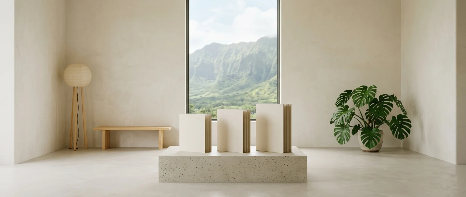 A minimalist Kailua, Oʻahu studio pedestal displaying three physically graduated package folders of increasing thickness fanned good-to-best under soft midday light, framed against a window onto a green Koʻolau ridge.