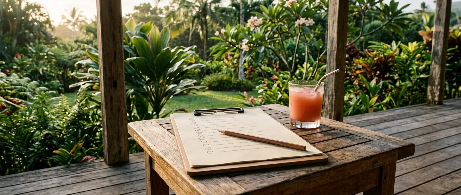 A wooden clipboard holding a printed multi-point checklist with several boxes hand-ticked in pencil and a pencil laid across it, on a teak lanai table beside a glass of pink guava juice, a soft-focus tropical garden behind at morning in Hāna, Maui.