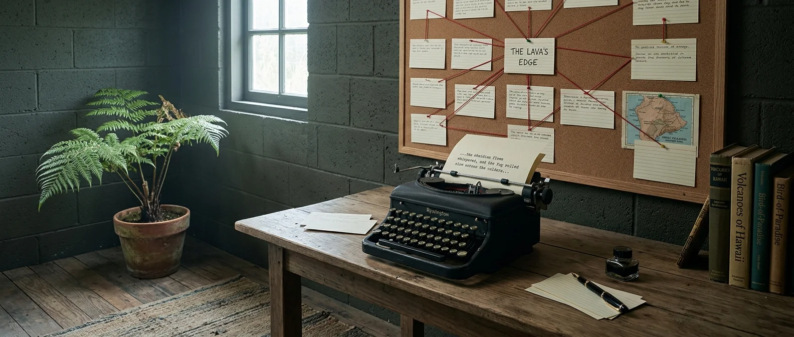 An unoccupied Volcano-village writing room with cinder-block walls: a vintage typewriter mid-page on a plank desk beneath a cork story-board of pinned index cards linked by red string, soft side light from a small window.